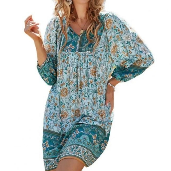 Temofon Dresses & Skirts - Temofon, Bohemian Teal, Blue, Brown, Floral  Fall, Spring Longsleeve Dress Sz XL